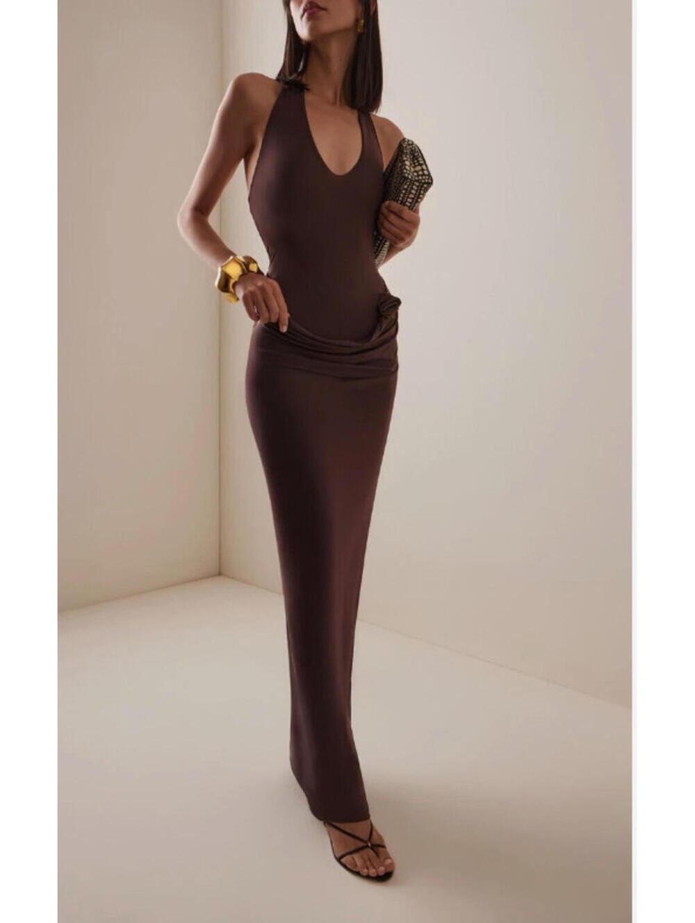 MAYGEL CORONEL Conto Draped Jersey Maxi Dress brown one size NWT $405msrp